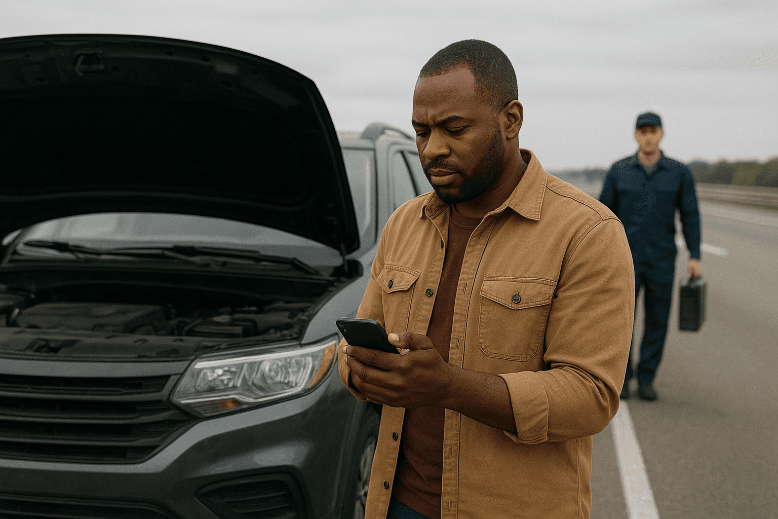 A man on the phone using Artisan Connect to find a mechanic